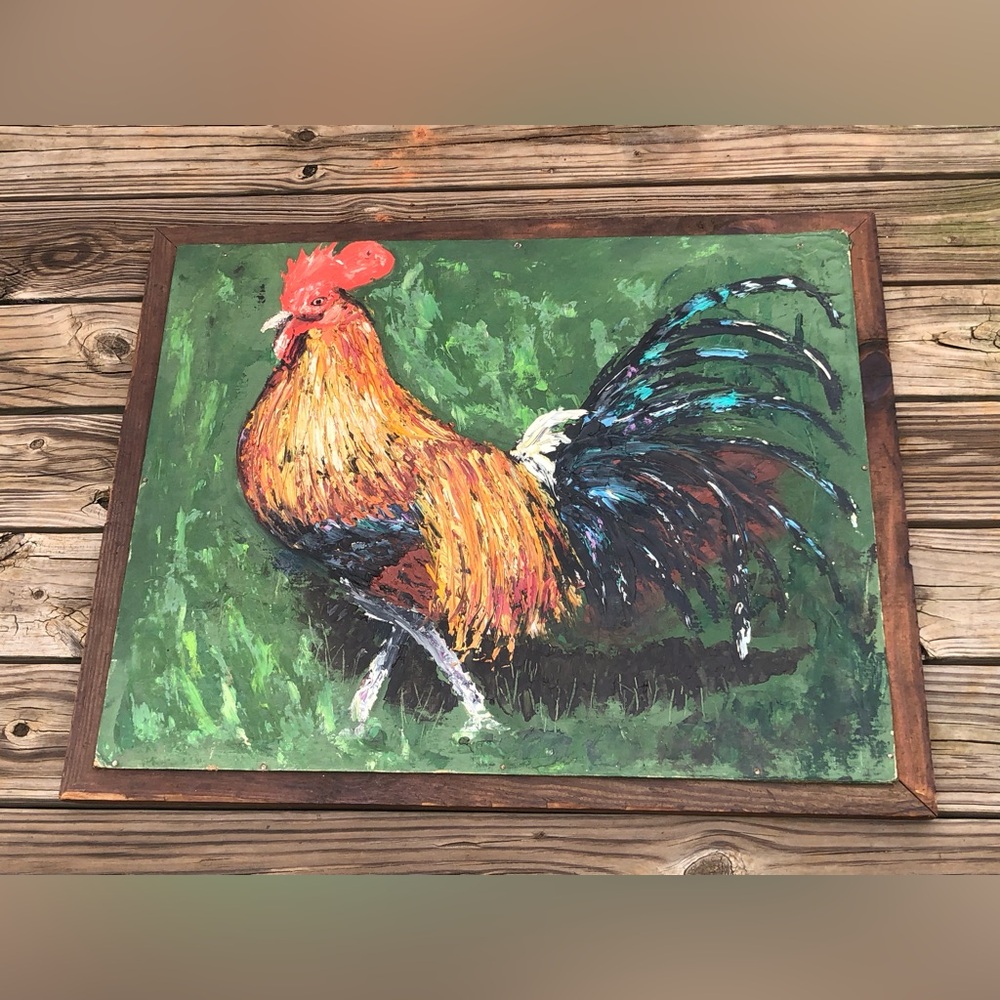 Rooster Chicken Impasto Painting Original Impressionism 24x30” Farm Cottage VTG